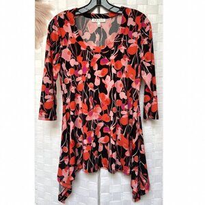 Chaus Red Black Pink Floral Blouse Top Size S